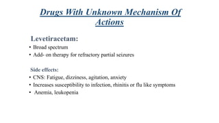 Drugs With Unknown Mechanism Of
Actions
Levetiracetam:
• Broad spectrum
• Add- on therapy for refractory partial seizures
Side effects:
• CNS: Fatigue, dizziness, agitation, anxiety
• Increases susceptibility to infection, rhinitis or flu like symptoms
• Anemia, leukopenia
 