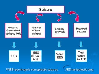 SeizureIdiopathic Generalized epilepsy likelyFeatures of focal epilepsyEpilepsy or PNESProvoked seizuresTreat cause +/- AEDEEGEEGMRI/CT brainVideo EEGPNES=psychogenic non-epileptic seizuresAED=antiepileptic drug