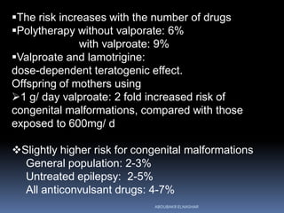 The risk increases with the number of drugs
Polytherapy without valporate: 6%
with valproate: 9%
Valproate and lamotrigine:
dose-dependent teratogenic effect.
Offspring of mothers using
1 g/ day valproate: 2 fold increased risk of
congenital malformations, compared with those
exposed to 600mg/ d
Slightly higher risk for congenital malformations
General population: 2-3%
Untreated epilepsy: 2-5%
All anticonvulsant drugs: 4-7%
ABOUBAKR ELNASHAR
 