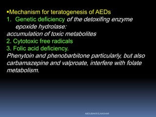 Mechanism for teratogenesis of AEDs
1. Genetic deficiency of the detoxifing enzyme
epoxide hydrolase:
accumulation of toxic metabolites
2. Cytotoxic free radicals
3. Folic acid deficiency.
Phenytoin and phenobarbitone particularly, but also
carbamazepine and valproate, interfere with folate
metabolism.
ABOUBAKR ELNASHAR
 