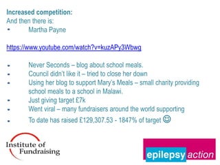 Increased competition:
And then there is:
       Martha Payne

https://www.youtube.com/watch?v=kuzAPy3Wbwg

       Never Seconds – blog about school meals.
       Council didn’t like it – tried to close her down
       Using her blog to support Mary’s Meals – small charity providing
       school meals to a school in Malawi.
       Just giving target £7k
       Went viral – many fundraisers around the world supporting
       To date has raised £129,307.53 - 1847% of target 
 