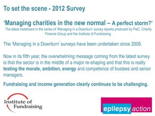 To set the scene - 2012 Survey

‘Managing charities in the new normal – A perfect storm?’
The latest instalment in the series of ‘Managing in a Downturn’ survey reports produced by PwC, Charity
                              Finance Group and the Institute of Fundraising.

The ‘Managing in a Downturn’ surveys have been undertaken since 2008.

Now in its fifth year, the overwhelming message coming from the latest survey
is that the sector is in the middle of a major re-shaping and that this is really
testing the morale, ambition, energy and competence of trustees and senior
managers.
Fundraising and income generation clearly continues to be challenging.
 