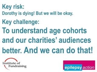 Key risk:
Dorothy is dying! But we will be okay.
Key challenge:
To understand age cohorts
and our charities’ audiences
better. And we can do that!
 