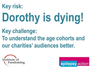 Key risk:

Dorothy is dying!
Key challenge:
To understand the age cohorts and
our charities’ audiences better.
 