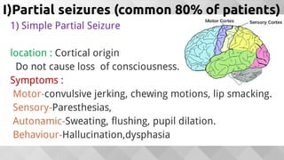 I)Partial seizures (common 80% of patients)
1) Simple Partial Seizure
location : Cortical origin
Do not cause loss of consciousness.
Symptoms :
Motor-convulsive jerking, chewing motions, lip smacking.
Sensory-Paresthesias,
Autonamic-Sweating, flushing, pupil dilation.
Behaviour-Hallucination,dysphasia
 