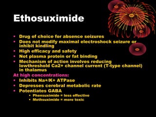 Ethosuximide
• Drug of choice for absence seizures
• Does not modify maximal electroshock seizure or
inhibit kindling
• High efficacy and safety
• Not plasma protein or fat binding
• Mechanism of action involves reducing
lowthreshold Ca2+ channel current (T-type channel)
in thalamus
At high concentrations:
• Inhibits Na+/K+ ATPase
• Depresses cerebral metabolic rate
• Potentiates GABA
• Phensuximide = less effective
• Methsuximide = more toxic
 
