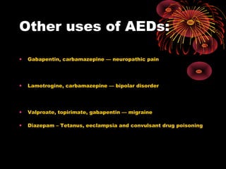Other uses of AEDs:
• Gabapentin, carbamazepine — neuropathic pain
• Lamotrogine, carbamazepine — bipolar disorder
• Valproate, topirimate, gabapentin — migraine
• Diazepam – Tetanus, eeclampsia and convulsant drug poisoning
 
