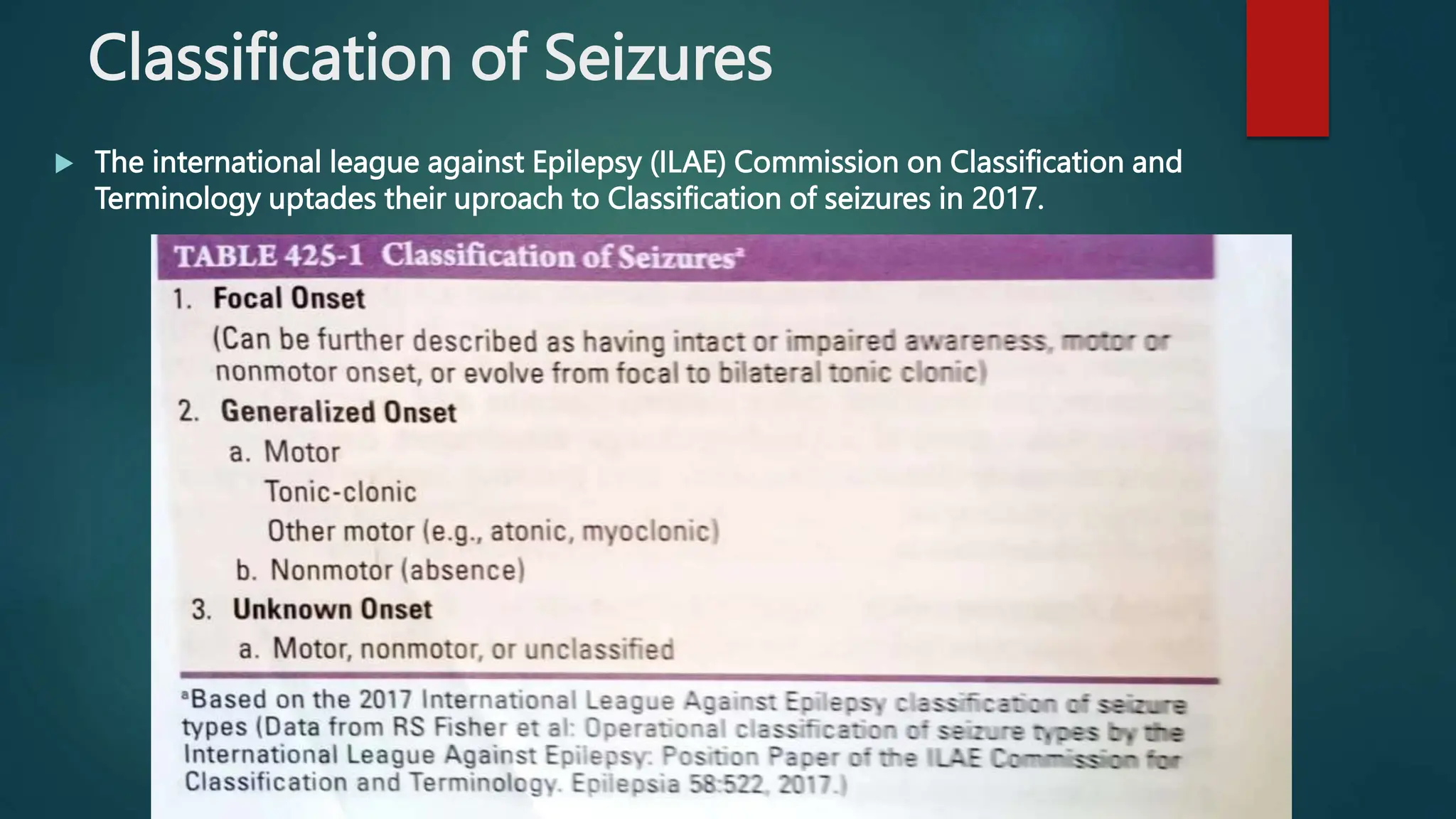 Classification of Seizures
 The international league against Epilepsy (ILAE) Commission on Classification and
Terminology uptades their uproach to Classification of seizures in 2017.
 