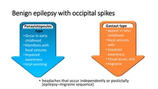 Benign epilepsy with occipital spikes
• headaches that occur independently or postictally
(epilepsy–migraine sequence)
Panayiotopoulos
type
•Occur in early
childhood
•Manifests with
focal seizures
•Impaired
awareness
•Ictal vomiting
Gastaut type
•appear in later
childhood
•focal seizures
with
•impaired
awareness
•Visual auras, and
•migraine
 