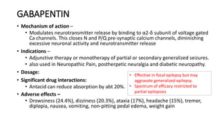 GABAPENTIN
• Mechanism of action –
• Modulates neurotransmitter release by binding to α2-δ subunit of voltage gated
Ca channels. This closes N and P/Q pre-synaptic calcium channels, diminishing
excessive neuronal activity and neurotransmitter release
• Indications –
• Adjunctive therapy or monotherapy of partial or secondary generalized seizures.
• also used in Neuropathic Pain, postherpetic neuralgia and diabetic neuropathy.
• Dosage:
• Significant drug interactions:
• Antacid can reduce absorption by abt 20%.
• Adverse effects –
• Drowsiness (24.4%), dizziness (20.3%), ataxia (17%), headache (15%), tremor,
diplopia, nausea, vomiting, non-pitting pedal edema, weight gain
• Effective in focal epilepsy but may
aggravate generalized epilepsy.
• Spectrum of efficacy restricted to
partial epilepsies
 
