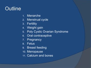 OutlineMenarcheMenstrual cycleFertilityWeight gainPoly Cystic Ovarian SyndromeOral contraceptivePregnancyFetusBreast feedingMenopauseCalcium and bones