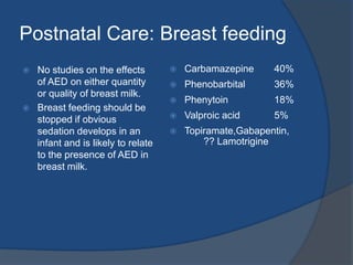 Antenatal Care: SupplementationA-Folic acid supplements.: 0.5-15mg  throughout gestation B-Morning sickness: If hyperemesisgravidarum, consider giving alternative route if vomiting is severe or prolonged.C-Vitamin K: Oral 20mg daily is prescribed from 36 weeks until delivery to mothers taking hepatic enzyme-inducing drugs (phenytoin, phenobarbitone, primidone, carbamazepine and topiramate - Not necessary with sodium valproate).