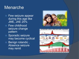 MenarcheFew seizure appear during this age like JME, JAE 25%Few childhood seizure change patternSporadic seizure may become cyclicalBenign rolandic , Absence seizure may remit 