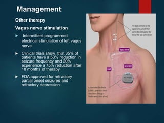 Management
Other therapy
Vagus nerve stimulation
 Intermittent programmed
electrical stimulation of left vagus
nerve
 Clinical trials show that 35% of
patients have a 50% reduction in
seizure frequency and 20%
experience a 75% reduction after
18 months of therapy
 FDA approved for refractory
partial onset seizures and
refractory depression
 