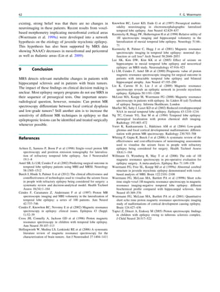 existing, strong belief was that there are no changes in
neuroimaging in these patients. Recent results from voxel-
based morphometry implicating mesiofrontal cortical areas
(Woermann et al. 1999a) were developed into a network
hypothesis on the etiology of juvenile myoclonic epilepsy.
This hypothesis has also been supported by MRS data
showing NAA/Cr decreases in mesiofrontal and pericentral
as well as thalamic areas (Lin et al. 2009).
9 Conclusion
MRS detects relevant metabolite changes in patients with
hippocampal sclerosis and in patients with brain tumors.
The impact of these ﬁndings on clinical decision making is
unclear. Most epilepsy surgery programs do not use MRS in
their sequence of presurgical tests. One important neuro-
radiological question, however, remains: Can proton MR
spectroscopy differentiate between focal cortical dysplasia
and low-grade tumors? Still another aim is to increase the
sensitivity of different MR techniques in epilepsy so that
epileptogenic lesions can be identiﬁed and treated surgically
whenever possible.
References
Achten E, Santens P, Boon P et al (1998) Single-voxel proton MR
spectroscopy and positron emission tomography for lateraliza-
tion of refractory temporal lobe epilepsy. Am J Neuroradiol
19:1–8
Antel SB, Li LM, Cendes F et al (2002) Predicting surgical outcome in
temporal lobe epilepsy patients using MRI and MRSI. Neurology
58:1505–1512
Burch J, Hinde S, Palmer S et al (2012) The clinical effectiveness and
costeffectiveness of technologies used to visualise the seizure focus
in people with refractory epilepsy being considered for surgery: a
systematic review and decision-analytical model. Health Technol
Assess 16(34):1–164
Cendes F, Caramanos Z, Andermann F et al (1997) Proton MR
spectroscopic imaging and MRI volumetry in the lateralization of
temporal lobe epilepsy: a series of 100 patients. Ann Neurol
42:737–746
Cendes F, Knowlton RC, Novotny E et al (2002) Magnetic resonance
spectroscopy in epilepsy: clinical issues. Epilepsia 43 (Suppl.
1):32–39
Cross JH, Connelly A, Jackson GD et al (1996) Proton magnetic
resonance spectroscopy in children with temporal lobe epilepsy.
Ann Neurol 39:107–113
Hollingworth W, Medina LS, Lenkinski RE et al (2006) A systematic
literature review of magnetic resonance spectroscopy for the
characterization of brain tumors. Am J Neuroradiol 27:1404–1411
Knowlton RC, Laxer KD, Ende G et al (1997) Presurgical multim-
odality neuroimaging in electroencephalographic lateralized
temporal lobe epilepsy. Ann Neurol 42:829–837
Kuzniecky R, Hugg JW, Hetherington H et al (1998) Relative utility of
1H spectroscopic imaging and hippocampal volumetry in the
lateralization of mesial temporal lobe epilepsy. Neurology 51:66–
71
Kuzniecky R, Palmer C, Hugg J et al (2001) Magnetic resonance
spectroscopic imaging in temporal lobe epilepsy: neuronal dys-
function or cell loss? Arch Neurol 58:2048–2053
Lee SK, Kim DW, Kim KK et al (2005) Effect of seizure on
hippocampus in mesial temporal lobe epilepsy and neocortical
epilepsy: an MRS study. Neuroradiology 47:916–923
Li LM, Cendes F, Antel SB et al (2000) Prognostic value of proton
magnetic resonance spectroscopic imaging for surgical outcome in
patients with intractable temporal lobe epilepsy and bilateral
hippocampal atrophy. Ann Neurol 47:195–200
Lin K, Carrete H Jr, Lin J et al (2009) Magnetic resonance
spectroscopy reveals an epileptic network in juvenile myoclonic
epilepsy. Epilepsia 50:1191–1200
McLean MA, Koepp M, Woermann FG (2008) Magnetic resonance
spectroscopy in patients with epilepsy. In: Lüders H (ed) Textbook
of epilepsy Surgery. Informa Healthcare, London
Mueller SG, Suhy J, Laxer KD et al (2002) Reduced extrahippocampal
NAA in mesial temporal lobe epilepsy. Epilepsia 43:1210–1216
Ng TC, Comair YG, Xue M et al (1994) Temporal lobe epilepsy:
presurgical localization with proton chemical shift imaging.
Radiology 193:465–472
Vuori K, Kankaanranta L, Hakkinen AM et al (2004) Low-grade
gliomas and focal cortical developmental malformations: differen-
tiation with proton MR spectroscopy. Radiology 230:703–708
Whiting P, Gupta R, Burch J et al (2006) A systematic review of the
effectiveness and cost-effectiveness of neuroimaging assessments
used to visualise the seizure focus in people with refractory
epilepsy being considered for surgery. Health Technol Assess
10(4):1–164
Willmann O, Wennberg R, May T et al (2006) The role of 1H
magnetic resonance spectroscopy in pre-operative evaluation for
epilepsy surgery. A meta-analysis. Epilepsy Res 71:149–158
Woermann FG, Free SL, Koepp MJ et al (1999a) Abnormal cerebral
structure in juvenile myoclonic epilepsy demonstrated with voxel-
based analysis of MRI. Brain 122:2101–2108
Woermann FG, McLean MA, Bartlett PA et al (1999b) Short echo
time single-voxel 1H magnetic resonance spectroscopy in magnetic
resonance imaging-negative temporal lobe epilepsy: different
biochemical proﬁle compared with hippocampal sclerosis. Ann
Neurol 45:369–376
Woermann FG, McLean MA, Bartlett PA et al (2001) Quantitative
short echo time proton magnetic resonance spectroscopic imaging
study of malformations of cortical development causing epilepsy.
Brain 124:427–436
Yapici Z, Dincer A, Eraksoy M (2005) Proton spectroscopic ﬁndings
in children with epilepsy owing to tuberous sclerosis complex.
J Child Neurol 20:517–522
62 F. G. Woermann
 