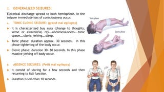 2. GENERALIZED SEIZURES:
Electrical discharge spread to both hemisphere. In the
seizure immediate loss of consciousness occur.
a. TONIC CLONIC SEIZURE: (grand mal epilepsy)
 It is characterized buy aura (change to thoughts,
sense or awareness) cry….unconsciousness….tonic
spasm….clonic jerking….sleep.
 Tonic phase: duration approx. 30 seconds. In this
phase tightening of the body occur.
 Clonic phase: duration 30- 60 seconds. In this phase
massive jerking off body occur.
b. ABSENCE SEIZURES: (Petit mal epilepsy)
 It consist of staring for a few seconds and then
returning to full function.
 Duration is less than 10 seconds.
11
 