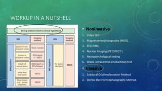 WORKUP IN A NUTSHELL
• Noninvasive
1. Video EEG
2. Magnetoencephalography (MEG),
3. EEG-fMRI,
4. Nuclear imaging (PET,SPECT )
5. Neuropsychological testing
6. Wada (intracarotid amobarbital) test
• Invasive
1. Subdural Grid Implantation Method
2. Stereo-Electroencephalography Method.
 
