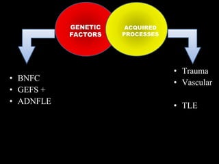 GENETIC
FACTORS

• BNFC
• GEFS +
• ADNFLE

ACQUIRED
PROCESSES

• Trauma
• Vascular
• TLE

 