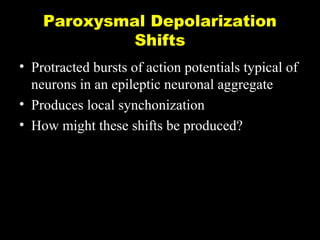 Paroxysmal Depolarization
Shifts
• Protracted bursts of action potentials typical of
neurons in an epileptic neuronal aggregate
• Produces local synchonization
• How might these shifts be produced?

 