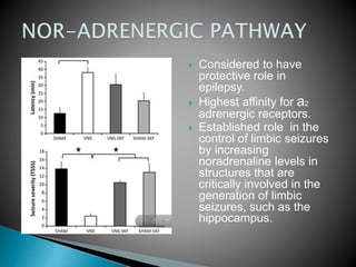  Considered to have
protective role in
epilepsy.
 Highest affinity for a2
adrenergic receptors.
 Established role in the
control of limbic seizures
by increasing
noradrenaline levels in
structures that are
critically involved in the
generation of limbic
seizures, such as the
hippocampus.
 