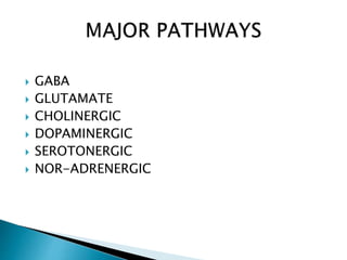  GABA
 GLUTAMATE
 CHOLINERGIC
 DOPAMINERGIC
 SEROTONERGIC
 NOR-ADRENERGIC
 