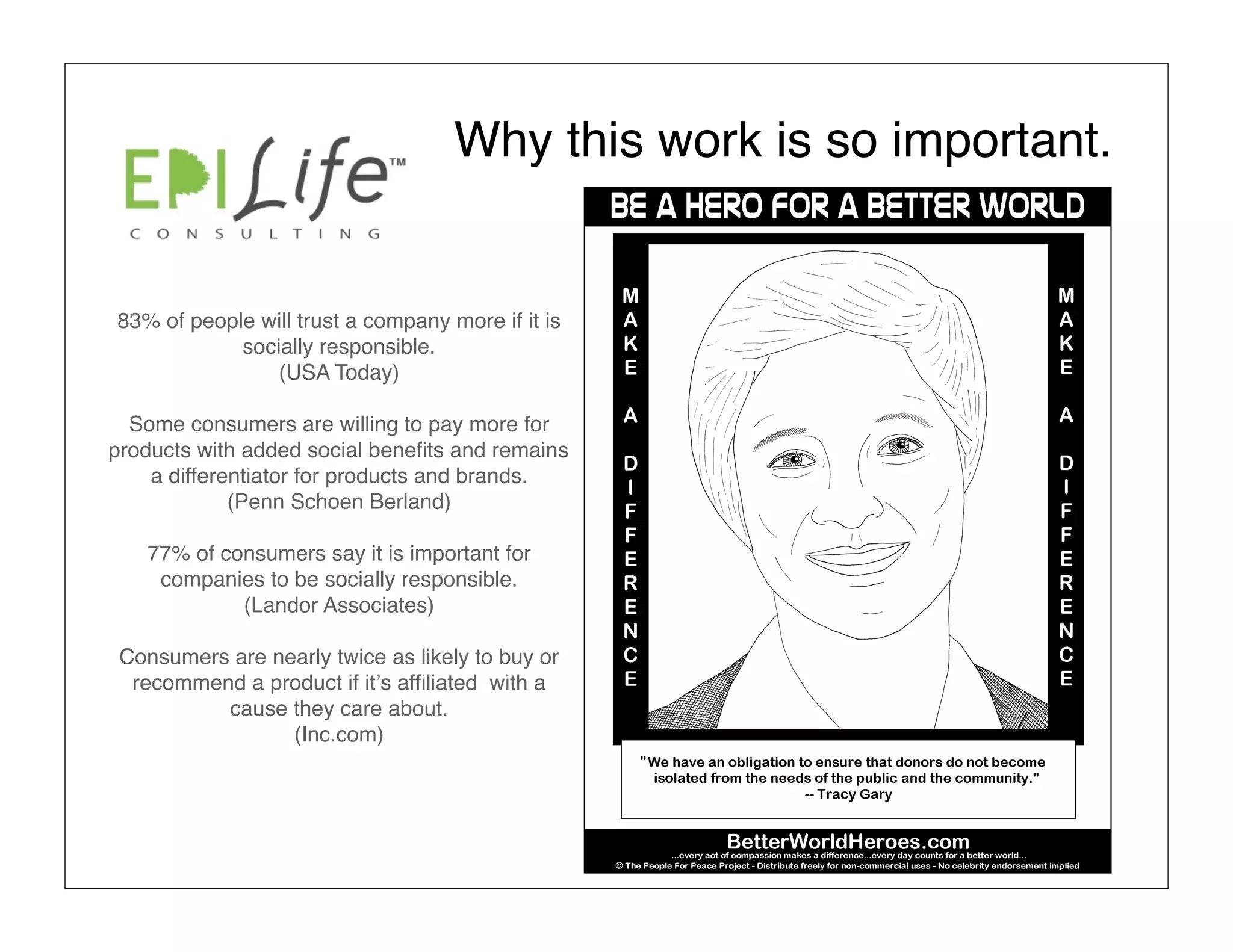Why this work is so important.


83% of people will trust a company more if it is
            socially responsible.
                (USA Today)

  Some consumers are willing to pay more for
products with added social beneﬁts and remains
    a differentiator for products and brands.
             (Penn Schoen Berland)

   77% of consumers say it is important for
    companies to be socially responsible.
            (Landor Associates)

 Consumers are nearly twice as likely to buy or
  recommend a product if itʼs afﬁliated with a
          cause they care about.
                 (Inc.com)
 