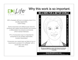Why this work is so important.


83% of people will trust a company more if it is
            socially responsible.
                (USA Today)

  Some consumers are willing to pay more for
products with added social beneﬁts and remains
    a differentiator for products and brands.
             (Penn Schoen Berland)

   77% of consumers say it is important for
    companies to be socially responsible.
            (Landor Associates)

 Consumers are nearly twice as likely to buy or
  recommend a product if itʼs afﬁliated with a
          cause they care about.
                 (Inc.com)
 