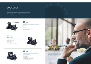 2014
Designed for the minimal use of your internet bandwidth, these
room-based video conferencing systems provide businesses
with an efficient communication solution
．Point-to-point system
．Full HD 1080p
．18X total zoom
．Daisy chain up to 4 microphones
．USB direct recording
EVC150
ConnectYour Remote Teams with Best
Endpoint System
．Point-to-point system
．Full HD 1080p
．16X optical zoom
．Daisy chain up to 4 microphones
．USB direct recording
EVC130P
Real Time Face to Face Communication
．Point-to-point system
．Full HD 1080p
．FOV 88°
．Daisy chain up to 4 microphones
．USB direct recording
EVC130
Experience the Ease of Video Conferencing
EVC SERIES
A SOLUTION FOR
ANY NEED
No matter your communication needs,
AVer’s solutions are designed to meet
and exceed your expectations and
are highly compatible with your
frequently used communications
software
43
 