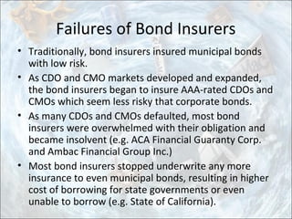 Failures of Bond Insurers
• Traditionally, bond insurers insured municipal bonds
with low risk.
• As CDO and CMO markets developed and expanded,
the bond insurers began to insure AAA-rated CDOs and
CMOs which seem less risky that corporate bonds.
• As many CDOs and CMOs defaulted, most bond
insurers were overwhelmed with their obligation and
became insolvent (e.g. ACA Financial Guaranty Corp.
and Ambac Financial Group Inc.)
• Most bond insurers stopped underwrite any more
insurance to even municipal bonds, resulting in higher
cost of borrowing for state governments or even
unable to borrow (e.g. State of California).
 