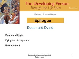 Kathleen Stassen Berger


                           Epilogue
                  Death and Dying

Death and Hope

Dying and Acceptance

Bereavement


                   Prepared by Madeleine Lacefield   1
                            Tattoon, M.A.
 