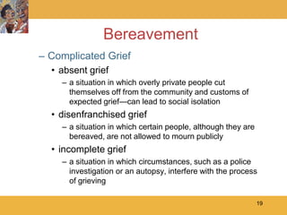 Bereavement
– Complicated Grief
  • absent grief
    – a situation in which overly private people cut
      themselves off from the community and customs of
      expected grief—can lead to social isolation
  • disenfranchised grief
    – a situation in which certain people, although they are
      bereaved, are not allowed to mourn publicly
  • incomplete grief
    – a situation in which circumstances, such as a police
      investigation or an autopsy, interfere with the process
      of grieving

                                                               19
 