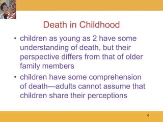 Death in Childhood
• children as young as 2 have some
  understanding of death, but their
  perspective differs from that of older
  family members
• children have some comprehension
  of death—adults cannot assume that
  children share their perceptions

                                           6
 