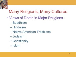 Many Religions, Many Cultures
• Views of Death in Major Religions
  – Buddhism
  – Hinduism
  – Native American Traditions
  – Judaism
  – Christianity
  – Islam

                                      9
 