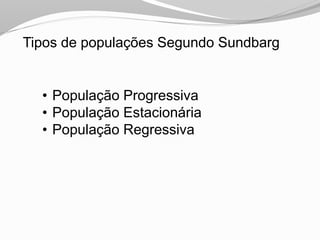 Tipos de populações Segundo Sundbarg
• População Progressiva
• População Estacionária
• População Regressiva
 