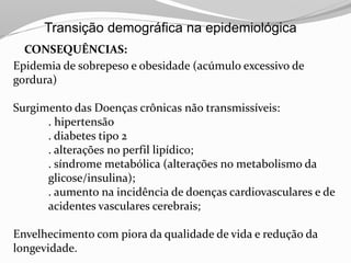 Epidemia de sobrepeso e obesidade (acúmulo excessivo de
gordura)
Surgimento das Doenças crônicas não transmissíveis:
. hipertensão
. diabetes tipo 2
. alterações no perfil lipídico;
. síndrome metabólica (alterações no metabolismo da
glicose/insulina);
. aumento na incidência de doenças cardiovasculares e de
acidentes vasculares cerebrais;
Envelhecimento com piora da qualidade de vida e redução da
longevidade.
CONSEQUÊNCIAS:
Transição demográfica na epidemiológica
 