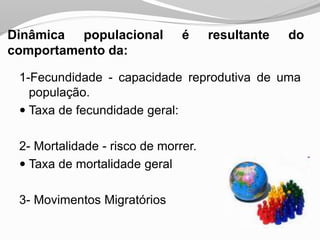 Dinâmica populacional é resultante do
comportamento da:
1-Fecundidade - capacidade reprodutiva de uma
população.
 Taxa de fecundidade geral:
2- Mortalidade - risco de morrer.
 Taxa de mortalidade geral
3- Movimentos Migratórios
 