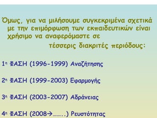 Όμως, για να μιλήσουμε συγκεκριμένα σχετικά με την επιμόρφωση των εκπαιδευτικών είναι χρήσιμο να αναφερόμαστε σε τέσσερις διακριτές περιόδους: 1 η  ΦΑΣΗ (1996-1999) Αναζήτησης  2 η  ΦΑΣΗ (1999-2003) Εφαρμογής 3 η  ΦΑΣΗ (2003-2007) Αδράνειας  4 η  ΦΑΣΗ (2008  ……..) Ρευστότητας 