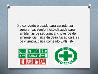 O a cor verde é usada para caracterizar 
segurança, sendo muito utilizada para 
emblemas de segurança, chuveiros de 
emergência, faixa de delimitação da área 
de vivência, caixa contendo EPIs, etc; 
 