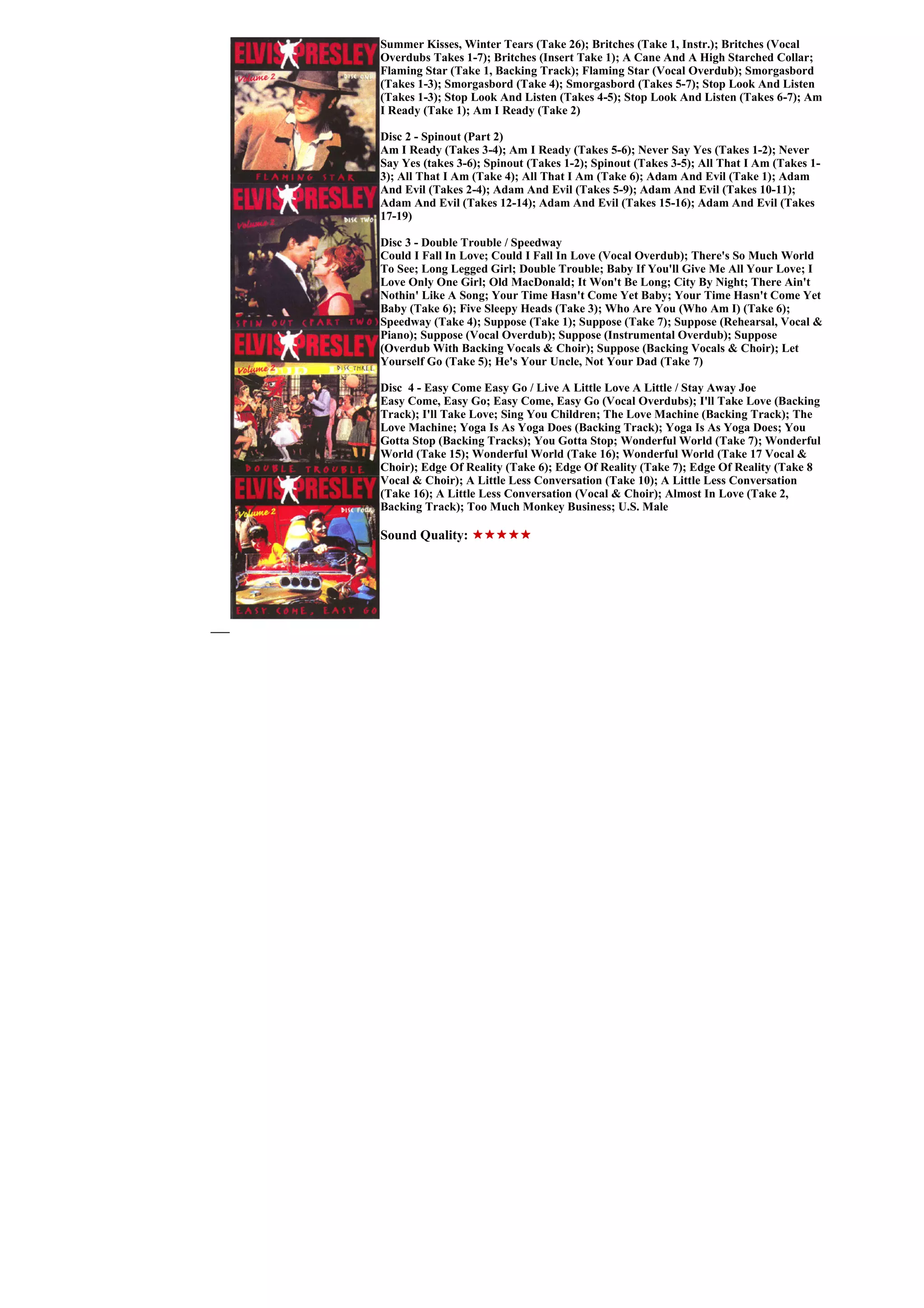 Summer Kisses, Winter Tears (Take 26); Britches (Take 1, Instr.); Britches (Vocal
Overdubs Takes 1-7); Britches (Insert Take 1); A Cane And A High Starched Collar;
Flaming Star (Take 1, Backing Track); Flaming Star (Vocal Overdub); Smorgasbord
(Takes 1-3); Smorgasbord (Take 4); Smorgasbord (Takes 5-7); Stop Look And Listen
(Takes 1-3); Stop Look And Listen (Takes 4-5); Stop Look And Listen (Takes 6-7); Am
I Ready (Take 1); Am I Ready (Take 2)

Disc 2 - Spinout (Part 2)
Am I Ready (Takes 3-4); Am I Ready (Takes 5-6); Never Say Yes (Takes 1-2); Never
Say Yes (takes 3-6); Spinout (Takes 1-2); Spinout (Takes 3-5); All That I Am (Takes 1-
3); All That I Am (Take 4); All That I Am (Take 6); Adam And Evil (Take 1); Adam
And Evil (Takes 2-4); Adam And Evil (Takes 5-9); Adam And Evil (Takes 10-11);
Adam And Evil (Takes 12-14); Adam And Evil (Takes 15-16); Adam And Evil (Takes
17-19)

Disc 3 - Double Trouble / Speedway
Could I Fall In Love; Could I Fall In Love (Vocal Overdub); There's So Much World
To See; Long Legged Girl; Double Trouble; Baby If You'll Give Me All Your Love; I
Love Only One Girl; Old MacDonald; It Won't Be Long; City By Night; There Ain't
Nothin' Like A Song; Your Time Hasn't Come Yet Baby; Your Time Hasn't Come Yet
Baby (Take 6); Five Sleepy Heads (Take 3); Who Are You (Who Am I) (Take 6);
Speedway (Take 4); Suppose (Take 1); Suppose (Take 7); Suppose (Rehearsal, Vocal &
Piano); Suppose (Vocal Overdub); Suppose (Instrumental Overdub); Suppose
(Overdub With Backing Vocals & Choir); Suppose (Backing Vocals & Choir); Let
Yourself Go (Take 5); He's Your Uncle, Not Your Dad (Take 7)

Disc 4 - Easy Come Easy Go / Live A Little Love A Little / Stay Away Joe
Easy Come, Easy Go; Easy Come, Easy Go (Vocal Overdubs); I'll Take Love (Backing
Track); I'll Take Love; Sing You Children; The Love Machine (Backing Track); The
Love Machine; Yoga Is As Yoga Does (Backing Track); Yoga Is As Yoga Does; You
Gotta Stop (Backing Tracks); You Gotta Stop; Wonderful World (Take 7); Wonderful
World (Take 15); Wonderful World (Take 16); Wonderful World (Take 17 Vocal &
Choir); Edge Of Reality (Take 6); Edge Of Reality (Take 7); Edge Of Reality (Take 8
Vocal & Choir); A Little Less Conversation (Take 10); A Little Less Conversation
(Take 16); A Little Less Conversation (Vocal & Choir); Almost In Love (Take 2,
Backing Track); Too Much Monkey Business; U.S. Male

Sound Quality:
 