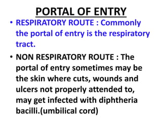 PORTAL OF ENTRY
• RESPIRATORY ROUTE : Commonly
the portal of entry is the respiratory
tract.
• NON RESPIRATORY ROUTE : The
portal of entry sometimes may be
the skin where cuts, wounds and
ulcers not properly attended to,
may get infected with diphtheria
bacilli.(umbilical cord)
 