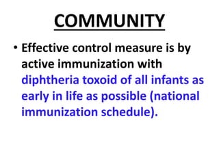 COMMUNITY
• Effective control measure is by
active immunization with
diphtheria toxoid of all infants as
early in life as possible (national
immunization schedule).
 