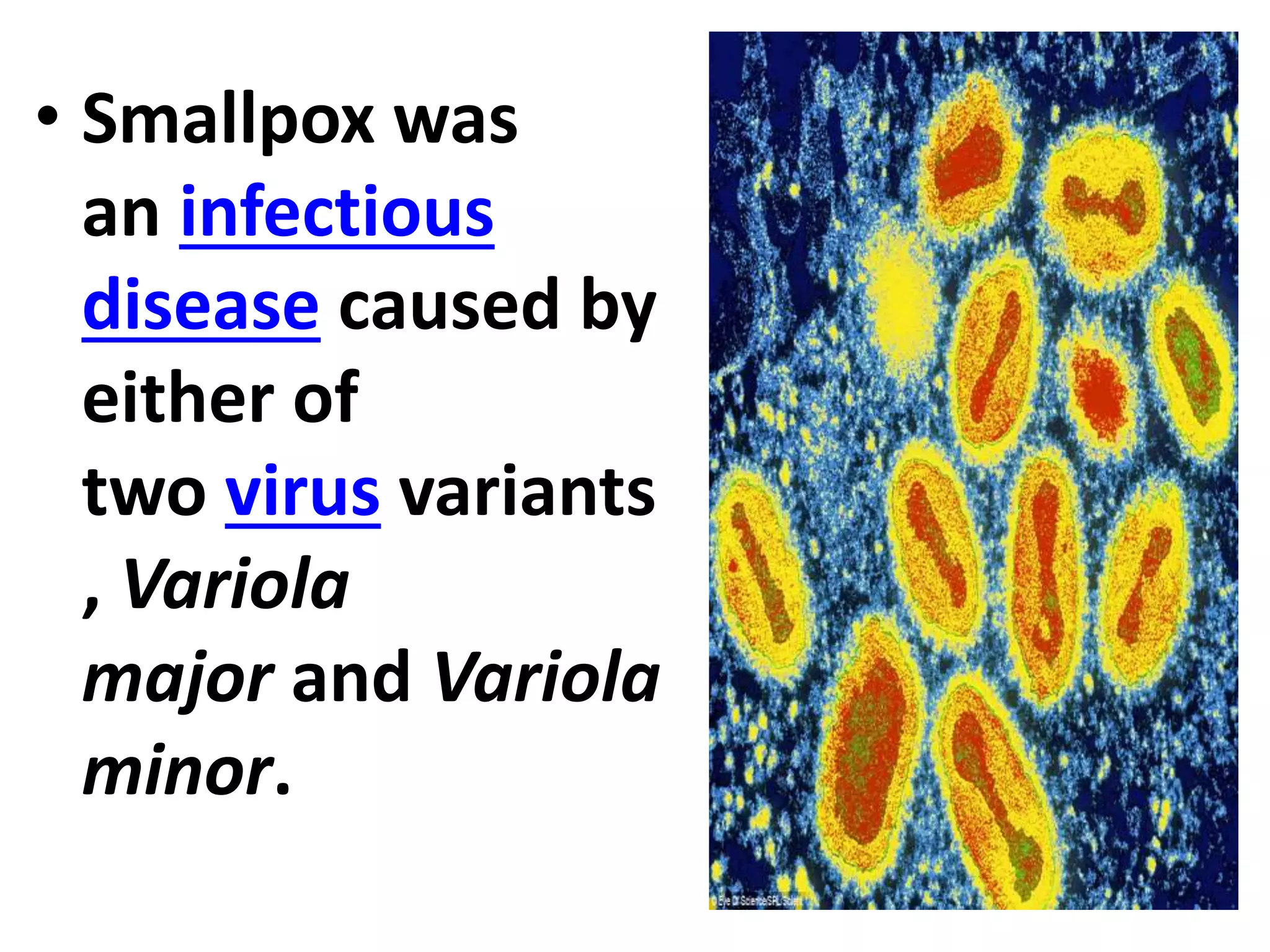• Smallpox was
an infectious
disease caused by
either of
two virus variants
, Variola
major and Variola
minor.
 