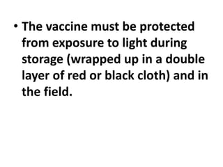 • The vaccine must be protected
from exposure to light during
storage (wrapped up in a double
layer of red or black cloth) and in
the field.
 