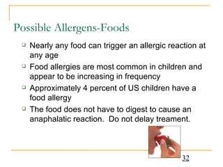 Possible Allergens-Foods Nearly any food can trigger an allergic reaction at any age Food allergies are most common in children and appear to be increasing in frequency Approximately 4 percent of US children have a food allergy The food does not have to digest to cause an anaphalatic reaction.  Do not delay treament. 