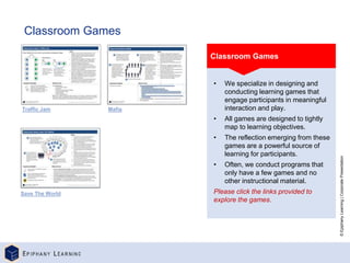 ©
Epiphany
Learning
|
Corporate
Presentation
Classroom Games
Classroom Games
• We specialize in designing and
conducting learning games that
engage participants in meaningful
interaction and play.
• All games are designed to tightly
map to learning objectives.
• The reflection emerging from these
games are a powerful source of
learning for participants.
• Often, we conduct programs that
only have a few games and no
other instructional material.
Please click the links provided to
explore the games.
Save The World
Traffic Jam Mafia
 