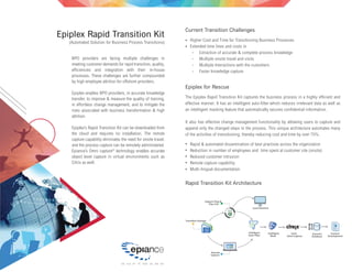 Epiplex Rapid Transition Kit
(Automated Solution for Business Process Transitions)
BPO providers are facing multiple challenges in
meeting customer demands for rapid transition, quality,
efficiencies and integration with their in-house
processes. These challenges are further compounded
by high employee attrition for offshore providers.
Epiplex enables BPO providers, in accurate knowledge
transfer, to improve & measure the quality of training,
in effortless change management, and to mitigate the
risks associated with business transformation & high
attrition.
Epiplex’s Rapid Transition Kit can be downloaded from
the cloud and requires no installation. The remote
capture capability eliminates the need for onsite travel,
and the process capture can be remotely administered.
Epiance’s Omni capture©
technology enables accurate
object level capture in virtual environments such as
Citrix as well.
Current Transition Challenges
Higher Cost and Time for Transitioning Business Processes
Extended time lines and costs in
- Extraction of accurate & complete process knowledge
- Multiple onsite travel and visits
- Multiple Interactions with the customers
- Faster knowledge capture
Epiplex for Rescue
The Epiplex Rapid Transition Kit captures the business process in a highly efficient and
effective manner. It has an intelligent auto-filter which reduces irrelevant data as well as
an intelligent masking feature that automatically secures confidential information.
It also has effective change management functionality by allowing users to capture and
append only the changed steps in the process. This unique architecture automates many
of the activities of transitioning, thereby reducing cost and time by over 75%.
Rapid & automated dissemination of best practices across the organization
Reduction in number of employees and time spent at customer site (onsite)
Reduced customer intrusion
Remote capture capability
Multi-lingual documentation
Rapid Transition Kit Architecture
Transition Package
Capture Plug &
Play Link
Remote
Capture
Local Machine
Intelligent
Auto Filter
Intelligent
Mask
Citrix
Omni Capture
Scenario
Database
Content
Development
 