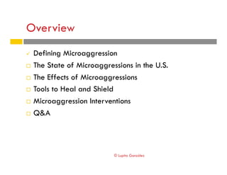 Overview
#  Defining Microaggression
!  The State of Microaggressions in the U.S.
!  The Effects of Microaggressions
!  To...