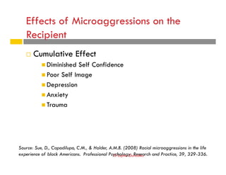 Effects of Microaggressions on the
Recipient
!  Cumulative Effect
" Diminished Self Confidence
" Poor Self Image
" Depress...
