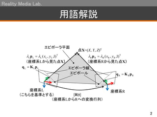 Reality Media Lab.
2
用語解説
点X=(X, Y, Z)T
座標系L
（こちらを基準とする）
座標系R
[R|t]
（座標系LからRへの変換行列）
エピポーラ平面
エピポール
エピポーラ線
（座標系Lから見た点X）
T
LLLLL )1,,( yx p
（座標系Rから見た点X）
T
RRRRR )1,,( yx p
LLL pKq 
RRR pKq 
 
