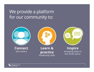 3
We provide a platform
for our community to:
Connect
with others
Learn &
practice
leadership skills
Inspire
emerging ideas in
the social sector
 